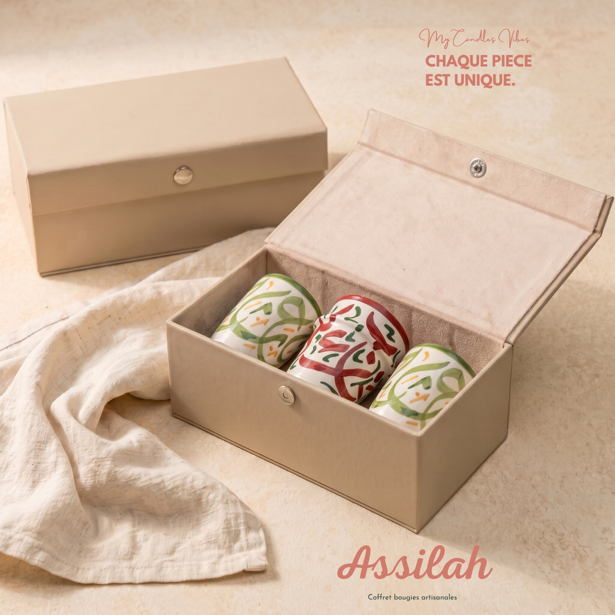 Coffret Trio Asilah, écrin cadeau avec 3 bougies en terre cuite peintes main (2 bougies Rim (petit format) encadrant Zohra (silhouette évasée, au centre)), visuel de marque My Candles Vibes, collection Fès